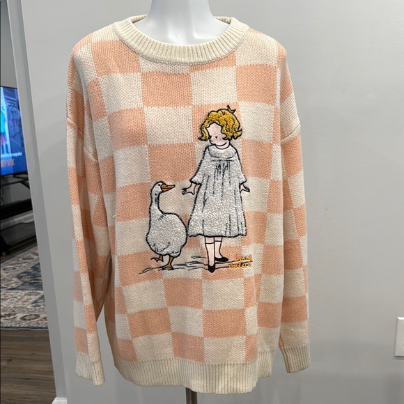 Peach Checkered Sweater with Girl and Goose Design - Picture 9 of 10